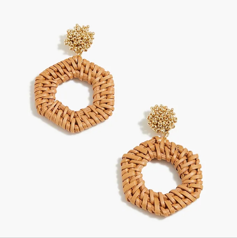 J.Crew beaded rattan earrings, gold/ tan